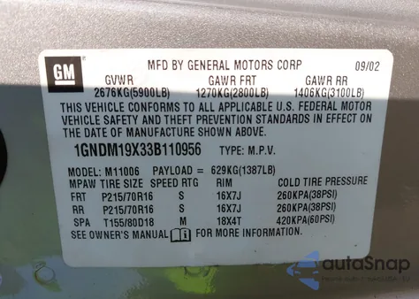 2003 Chevrolet Astro из США, поврежденный, VIN 1GNDM19X33B110956